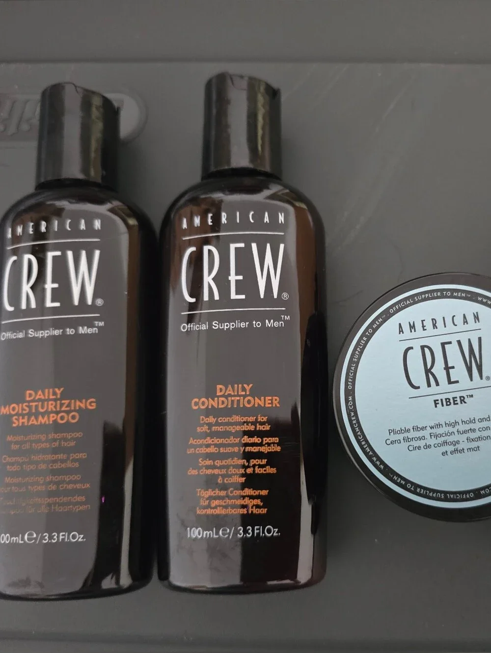 THREE American Crew 4-piece travel set-shampoo,conditioner,fiber Cream,shave Gel